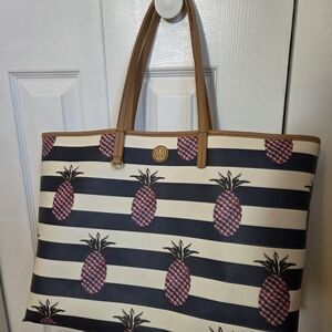 Tory Burch Navy, Cream & Brown Pineapple Stripe Tote